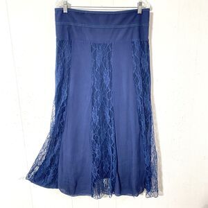 J GLEE Blue LACE ACCENT Long XL Rayon ELASTIC SHIRRED WAIST Boho Festival Skirt